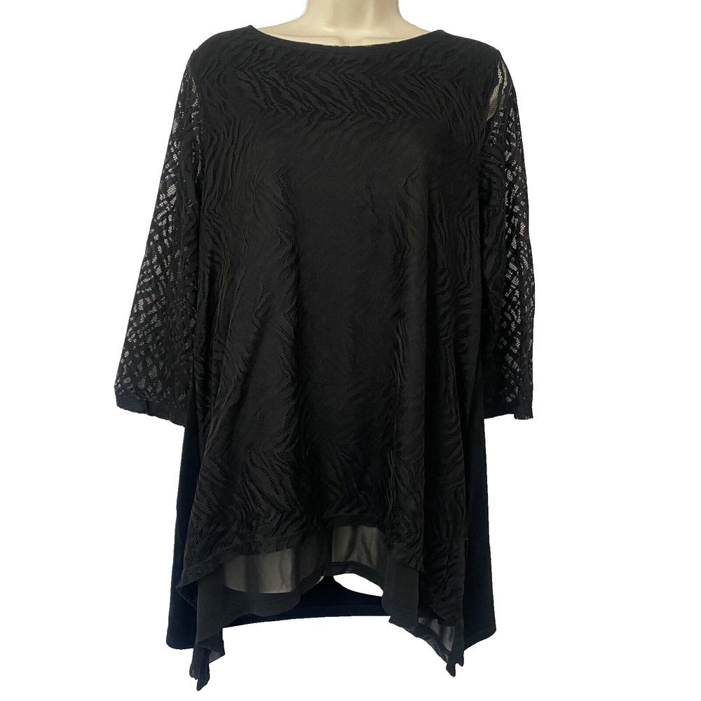 Chicos Travelers Top Size 2 Black Lace Sheer Sleeve Layered Whimsigoth Flowy L